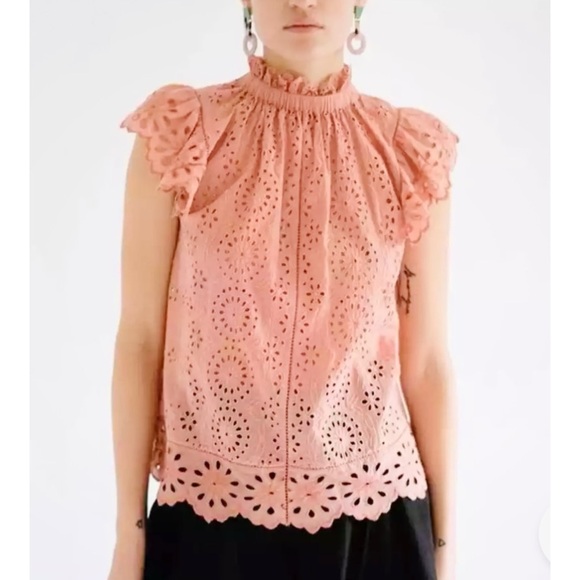 SEA New York 100% cotton Daisy Floral Eyelet Ruffle Flutter sleeve pink top - Picture 1 of 7